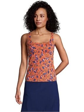 NWT Lands' End Vibrant Floral Square Neck Underwire Tankini Swim Top Orange 16